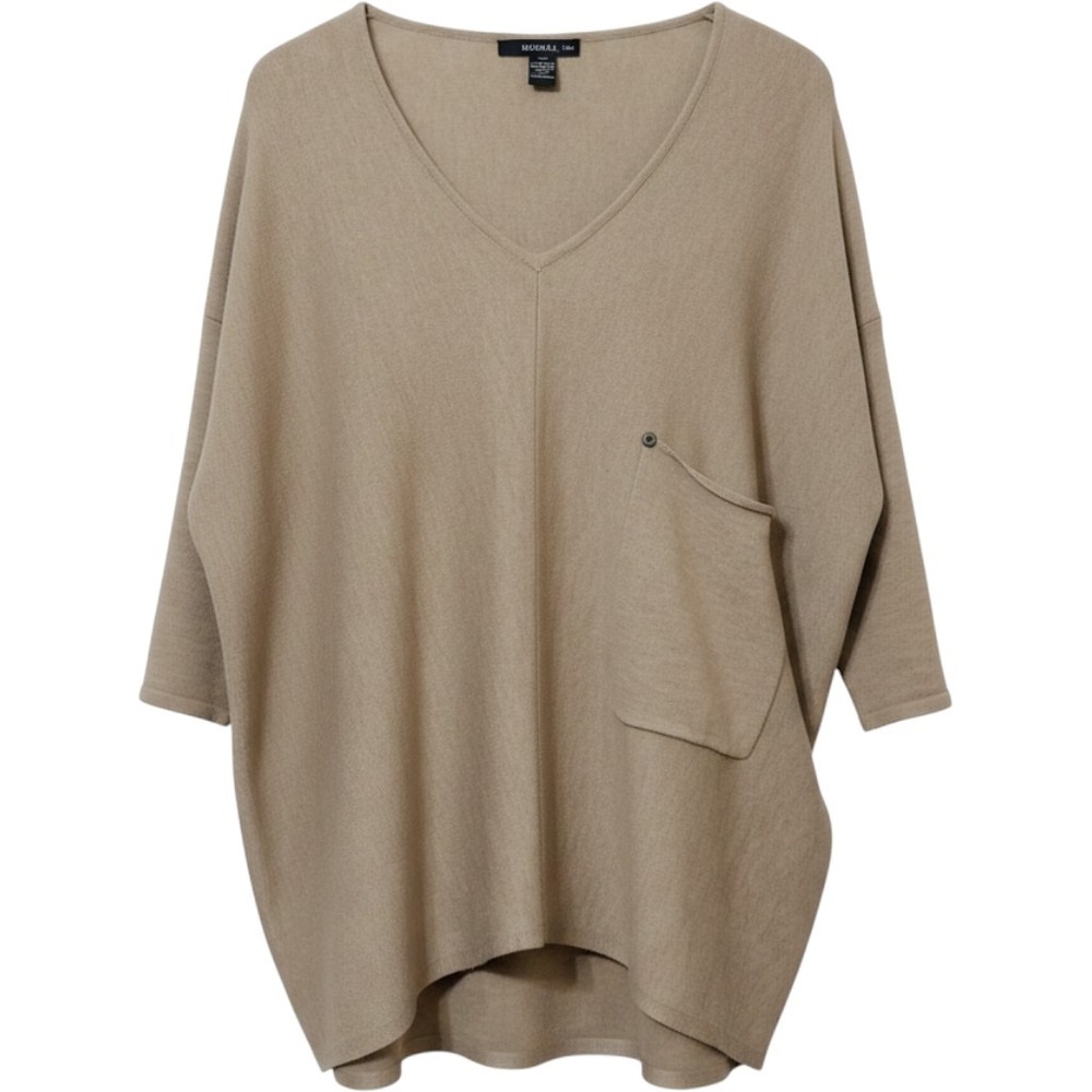 Kerisma Womens V-Neck Pocket Sweater S/M Tan Brown Knit Pullover Minimalist